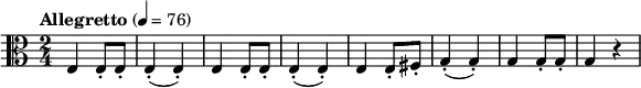 \new Score {
\new Staff {
\relative c {
\set Staff.midiInstrument = #"cello"
\time 2/4
\key a \minor
\clef alto
\tempo "Allegretto" 4 = 76
e4 e8-. e-.
e4-.(e-.)
e e8-. e-.
e4-.(e-.)
e4 e8-. fis-.
g4-.(g-.)
g4 g8-. g-.
g4 r4
}
}
}