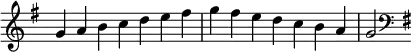   {
\override Score.TimeSignature #'stencil = ##f
\relative c'' {
  \clef treble \key g \major \time 7/4 g4 a b c d e fis g fis e d c b a g2
  \clef bass \key g \major
} }

