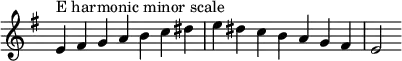  {
\override Score.TimeSignature #'stencil = ##f
\relative c' {
  \clef treble \key e \minor \time 7/4
  e4^\markup "E harmonic minor scale" fis g a b c dis e dis c b a g fis e2
} }

