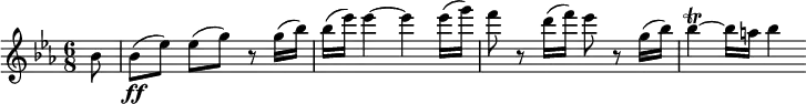
\relative c'' {
  \key es \major \time 6/8
  \partial 8 bes8 | bes8\ff( es) es([ g)] r g16( bes) |
  bes16( es) es4~ es es16( g) |
  f8 r d16( f) es8 r g,16( bes) |
  bes4\trill~ bes16 a bes4
}
