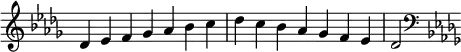   {
\override Score.TimeSignature #'stencil = ##f
\relative c' {
  \clef treble \key des \major \time 7/4 des4 es f ges aes bes c des c bes aes ges f es des2
  \clef bass \key des \major
} }
