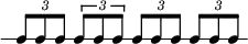  {
\override Score.TimeSignature #'stencil = ##f
\new RhythmicStaff {
   \clef percussion
   \time 5/4
   \set Score.tempoHideNote = ##t \tempo 4 = 100
   \tuplet 3/2 { c8 c c }
   \once \override TupletBracket.bracket-visibility = ##t \tuplet 3/2 { c8 c c }
   \once \override TupletNumber.text = #tuplet-number::calc-fraction-text \tuplet 3/2 { c8 c c }
     \once \override TupletNumber.text =
    #(tuplet-number::append-note-wrapper
      (tuplet-number::non-default-tuplet-fraction-text 3 2) "8") \tuplet 3/2 { c8 c c }
} }
