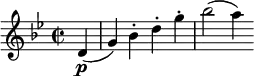 
\relative c' {
  \set Score.tempoHideNote = ##t \tempo 2 = 120
  \time 2/2 \tempo "Allegro assai" \key g \minor
  \partial4 d4\p(
  g) bes-. d-. g-.
  bes2 (a4)
}
