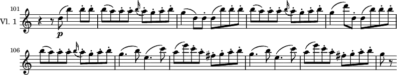 
\new Staff \with { instrumentName = #"Vl. 1 "}  \relative c'' {
    \version "2.18.2"
    \key c \major
    \set Score.tempoHideNote = ##t
    \time 4/4
    \tempo 4 = 140
    \omit Staff.TimeSignature
    \set Score.currentBarNumber = #101
    \bar "" % enforce bar number at the very beginning
    r4 r8 d8\p( b'4) b8-. b-. |
    b( a) a-. a-. \grace b16( a8-.) g-. a-. b-. |
    g4( d8) d-. d( b')  b-. b-. |
    b( a) a-. a-. \grace b16( a8-.) g-. a-. b-. |
    g4( d'8) d,-. d( b') b-. b-. |
    b( a) a-. a-. \grace b16( a8-.) g-. a-. b-. |
    g4.( b8) e,4.( c'8) |
    a( e') c-. a-. fis-. g-. a-. b-. |
    g4.( b8) e,4.( c'8) |
    a( e') c-. a-. fis-. g-. a-. b-. |
    g r8
}
