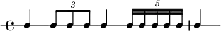 
\new RhythmicStaff {
   \clef percussion
   \time 4/4
   \set Score.tempoHideNote = ##t \tempo 4 = 80
   c4 \tuplet 3/2 { c8 c c }
   c4 \tuplet 5/4 { c16 c c c c }
   c4
}
