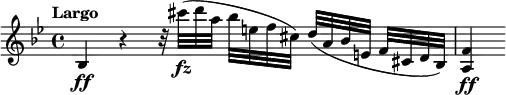 
\relative c' {
  \tempo "Largo"
  \key bes \major
  bes4\ff r r32 cis''\fz [(d a] bes [e, f cis]) d ([a bes e,] f [cis d bes]) | <a f'>4\ff
}
