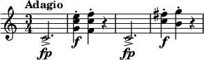 
\relative c' {
  \tempo "Adagio"
  \key c \major
  \time 3/4
  c2. ->\fp | <g' c e>4-. \f <f c' f>-. r | c2. ->\fp | <c' fis>4-. \f <b g'>4-. r
}
