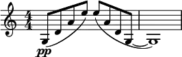 \relative c' { \clef treble \numericTimeSignature \time 4/4 g8(\pp d' a' e') e(a, d, g,~ | g1) }