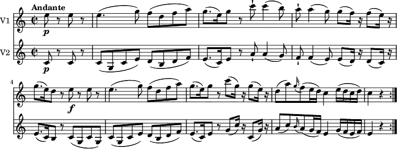 <<
\new Staff \with { instrumentName = #"V1 "} \relative c'' {
\version "2.18.2"
\key c \major
\tempo "Andante"
\time 2/2
\tempo 4 = 80
\partial 2 e8\p r e r
e4. (g8) f (d f a)
g8. (e16) g8 r c-! c4 (b8)
a-! a4 (g8) g (f16) r f8 (e16) r
g8. (e16) d8 r e\f r e r
e4. (g8) f (d f a)
g8. (e16) g8 r c (g16) r g8 (e16) r
d8 (a') \grace g16 ( f8) (e16 d) c4 e16 (d c d)
c4 r4
\bar ":|."
}
\new Staff \with { instrumentName = #"V2 "} \relative c'' {
\key c \major
\time 2/2
\partial 2 c,8\p r c r
c (g c e) d (b d f)
e8. (c16) e8 r a-! a4 (g8)
f-! f4 (e8) e (d16) r d8 (c16) r
e8. (c16) b8 r c (g c g)
c (g c e) d (b d f)
e8. (c16) e8 r g (c16) r c,8 (g'16) r
a8 (c) \grace b16 (a8) (g16 f) e4 g16 (f e f)
e4 r4
\bar ":|."
}
>>