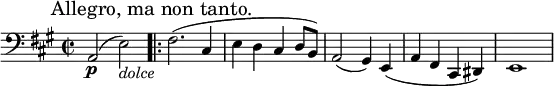 \relative c
{
\set Staff.midiInstrument = #"cello"
\key a
\major
\time 2/2
\clef bass
a2\p (e'2)_\markup { \italic "dolce" } \mark "Allegro, ma non tanto."
\set Score.repeatCommands = #'(start-repeat)
fis2.(
cis4 e d cis d8 b)
a2(gis4) e(
a fis cis dis)
e1(
}