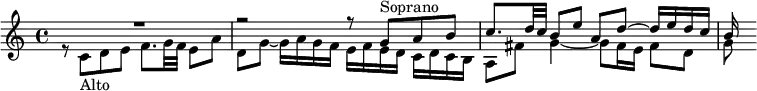 

{
#(set-global-staff-size 17)
\relative{
\new Staff \clef treble \key c \major \tempo 4=70 \set Score.tempoHideNote = ##t
      \override Score.BarNumber  #'transparent = ##t

  <<

    { \voiceOne R1 r2 r8 g'^"Soprano" a b c8. d32 c b8 e a, d ~ d16 e d c b}
  \new Voice= "Alto"
    { \voiceTwo r8 c,_"Alto" d e f8. g32 f e8 a8 d,8 g ~ g16 a g f e f e d c d c b a8 fis' g4~ g8 fis16 e fis8 d g}

  >>
} }
