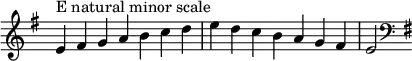  {
\override Score.TimeSignature #'stencil = ##f
\relative c' {
  \clef treble \key e \minor \time 7/4 e4^\markup "E natural minor scale" fis g a b c d e d c b a g fis e2 \clef bass \key e \minor
} }


