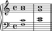 
  \new PianoStaff <<
  \new Staff <<
  \new Voice \relative c'' {
  \stemUp \clef treble \key c \major \time 4/4
  c1 c
  }
  \new Voice \relative c'' {
  \stemDown
  a1 g
  }
  >>
  \new Staff <<
  \new Voice \relative c' {
  \stemUp \clef bass \key c \major \time 4/4
  c1 e
  }
  \new Voice \relative c {
  \stemDown
  f1 c' \bar "||"
  }
  >>
  >>
