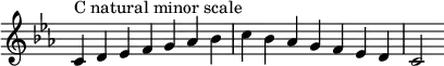  {
\override Score.TimeSignature #'stencil = ##f
\relative c' {
  \clef treble \key c \minor \time 7/4
  c4^\markup "C natural minor scale" d es f g aes bes c bes aes g f es d c2
} }

