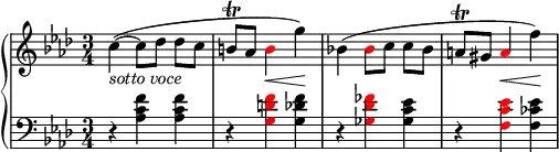 
    {
      \new PianoStaff <<
        \new Staff <<
            \new Voice \relative c'' {
                \clef treble \key f \minor \time 3/4
                \override DynamicLineSpanner.staff-padding = #2
                c4~(_\markup { \italic "sotto voce" } c8[ des] des[ c]
                b\trill aes \once \override NoteHead.color = #red b4\< g')\!
                bes,!( \once \override NoteHead.color = #red bes8[ c] c[ bes]
                a8\trill gis \once \override NoteHead.color = #red a4\< f')\!
                }
            >>
        \new Staff <<
            \new Voice \relative c' {
                \clef bass \key f \minor \time 3/4
                r4 <aes c f> <aes c f> 
                r \once \override NoteHead.color = #red <g d' f> <g des' f> 
                r \once \override NoteHead.color = #red <ges des' fes> <ges c es> 
                r \once \override NoteHead.color = #red <f c' es> <f ces' es>
                }
            >>
    >> }
