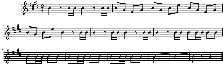 
\header { tagline = ##f }
\score {
  \new Staff \with {
    %\remove "Time_signature_engraver"
  }
  \relative c'' {
    \key e \major
    \time 2/4
    \tempo 4 = 168
    \set Staff.midiInstrument = #"trumpet"
     b4 r8 b16 b b4 r8 b16 b b8 gis e gis b gis b e b8
     gis e gis b gis b e b4 r8 b16 b b4 r8 b16 b b4 r8 
     b16 b b4 r8 b16 b b8 b16 b b8 b b b16 b b8 b b b16 b 
     b8 b b b16 b b8 b b2 ~ b2 ~ b8 r8 r4
     \bar "||"
  }
  \layout {
    \context {
      \Score
      \remove "Metronome_mark_engraver"
    }
  }
  \midi {}
}
