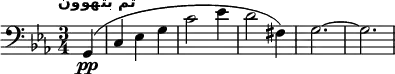 \relative c{ \clef bass \key c \minor \time 3/4 \tempo "تم بتهوون" \partial 4 g(\pp | c ees g | c2 ees4 | d2 fis,4) | g2.~ | g2.}