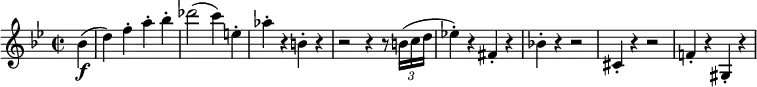 \relative c'' {
\key g \minor
\time 2/2
\set Staff.midiInstrument = #"violin"
\set Score.tempoHideNote = ##t \tempo 2 = 120
\partial 4 bes\f( |
d4) f-. a-. bes-. |
des2( c4) e,-. |
as4-. r b,-. r |
r2 r4 r8 \times 2/3 { b16( c d } |
es!4-.) r fis,-. r |
bes!4-. r r2 |
cis,4-. r r2 |
f!4-. r gis,-. r |
}