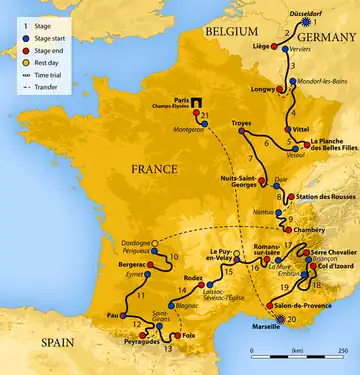 Map of France showing the showing the path of the race starting in Germany, going through Belgium and Luxembourg, then around France.