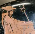 هرمس در حال پوشیدن پتاسوس و حمل یک عصای چاوش