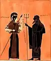 آتنا، یا پالاس، با نیزه و پوزئیدون، یا نپتون، با نیزهٔ سه‌شاخ؛ این سلاح‌ها بعدها به‌ترتیب نمادهای پالاس و نپتون شدند.