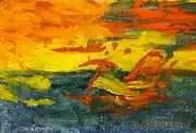 Et le soleil s'endormit sur l'Adriatique (غروب خورشید بر آدریاتیک)، ۵۴ در ۸۱ سانتی‌متر، نقاشی‌ای که بخشی از آن را الاغ (لولو) با کمک رولان دورژله ساخته است.