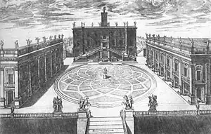 Engraving by Étienne Dupérac, which was used to reproduce Michelangelo's design of the pavement that it:Antonio Muñoz used to create the current pavement in 1940