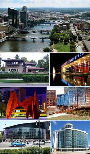 Images from top to bottom, left to right: downtown cityscape, Meyer May House, موزه ریاستجمهوری جرالد آر. فورد,La Grande Vitesse, pedestrian bridge over the Grand River, Van Andel Arena, Grand Valley State University's Cook–DeVos Center on the Medical Mile