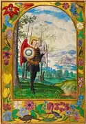تمثیل پنجم: پیکره‌ای بالدار با دو سر، یکی مردانه و دیگری زنانه، تخم‌مرغ و سپری بسیار درخشان در دست دارد. سر مردانه پرتو زرین و سر زنانه پرتو سیمین می‌تاباند.