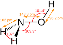 Stereo, skeletal formula of hydroxylamine with all explicit hydrogens added and assorted dimensions