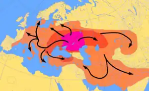 مسیرها و محدودههای گسترش اولیه مردمان هندواروپایی.