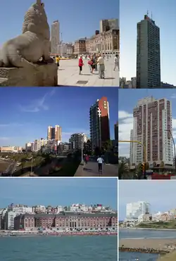 بالا از چپ: Mar del Plata skyline; گردشگری in Bristol and Rambla beaches, with the Casino and Gran Hotel Provincial in the background; Juan Carlos Castagnino Municipal Museum of Art; Punta Mogotes Lighthouse; Water Tower; Havanna Building; شیر دریایی Monument; Casino Central