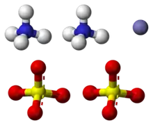 Ball-and-stick model of the component ions of ammonium iron(II) sulfate, showing two ammonium cations (top-left), one iron(II) cation (top-right) and two sulfate anions (bottom).