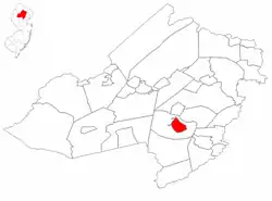 Location of Morristown in Morris County. Inset: Location of Morris County in the State of New Jersey.