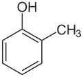 Kekulé, skeletal formula of o-cresol with some implicit hydrogens shown