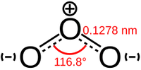 Skeletal formula of ozone with partial charges shown with some dimensions