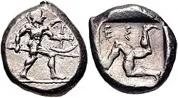 سکهٔ آسپندوس در پامفیلیه، حدود ۴۶۵ تا ۴۳۰ پیش از میلاد.