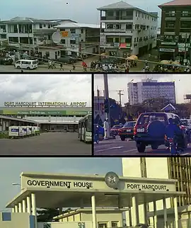 Top: A street scene in Port HarcourtMiddle: فرودگاه بین‌المللی پورت هارکورت،  The City CenterBottom: Government House, Port Harcourt