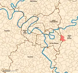 Location (in red) within Paris inner and outer suburbs