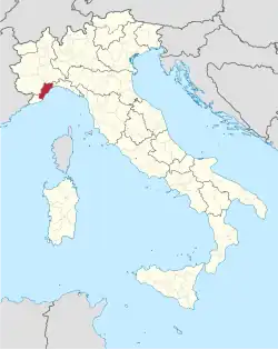Map highlighting the location of the province of Savona in Italy