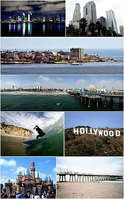 Southern CaliforniaImages top from bottom, left to right: San Diego Skyline، Downtown Los Angeles، Village of La Jolla، Santa Monica Pier، Surfer at Black's Beach، نشان هالیوود، دیزنیلند، Hermosa Beach Pier