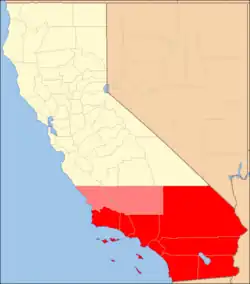 Red: The eight traditionally included counties.Light red: شهرستان سن لوییز اوبیسپو، کالیفرنیا و شهرستان کرن، کالیفرنیا counties in the expanded ten county definition.