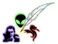vampire, face of little green man, feather pen (quill) and fire-breathing dragon – to the right of that are scripted words "Speculative (over) Fiction"