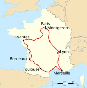 Map of France with the route of the 1904 Tour de France on it, showing that the race started Montgeron (close to Paris), went clockwise through France and ended in Paris after six stages.