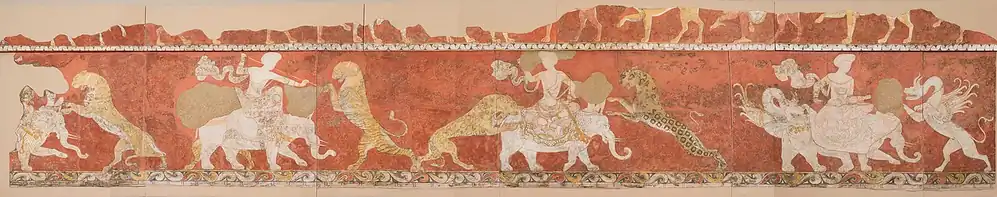 نقاشی دیواری سغدی متعلق به قرن هشتم میلادی، از کاخی در شهر باستانی ورخشا (Varakhsha)، در نزدیکی بخارا، که نبرد تعدادی بزرگان فیل‌سوار را با انواع درندگان از جمله اژدهایان نشان می‌دهد.