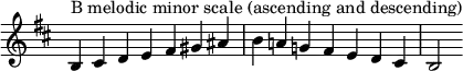  {
\override Score.TimeSignature #'stencil = ##f
\relative c' {
  \clef treble \key b \minor \time 7/4
  b4^\markup "B melodic minor scale (ascending and descending)" cis d e fis gis ais b a! g! fis e d cis b2
} }
