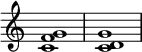 

{
\override Score.TimeSignature #'stencil = ##f
\relative c' {
   \clef treble 
   \time 4/4
   \key c \major
   <c f g>1 <c d g>1
} }
