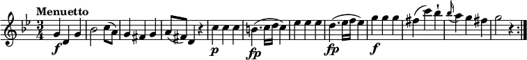 \relative c''' {
\version "2.18.2"
\tempo "Menuetto"
\key bes \major
\time 3/4
g,4\f d g
bes2 c8 (a)
g4 fis g
a8 (fis) d4 r4
c'4\p c c
b4. \fp (c16 d c4)
ees ees ees
d4. \fp (ees16 f ees4)
g4\f g g
fis (c') bes-!
\grace bes16 (a4) g fis
g2 r4\bar ":|."
}