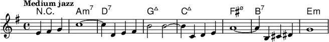 
\relative c' {
\partial 2.
<<
\new ChordNames {
\set chordChanges = ##t
\chordmode { r2. a1:m7 d:7 g:maj7 c:maj7 fis:m7.5- b:7 e:m}
}

\new Staff {
\tempo "Medium jazz"
\key e \minor
e4 fis g | c1~ | c4 d, e fis | b2 b2~ | b4 c, d e | a1~ | a4 b, cis dis g1
}
>>
}
