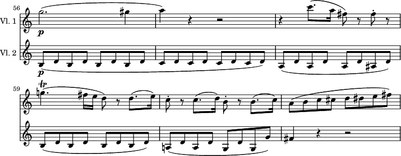 
<<
\new Staff \with { instrumentName = #"Vl. 1 "}  \relative c'' {
    \version "2.18.2"
    \key c \major
    \set Score.tempoHideNote = ##t
    \time 4/4
    \tempo 4 = 140
    \omit Staff.TimeSignature
    \set Score.currentBarNumber = #56
    \bar "" % enforce bar number at the very beginning
    g'2.\p( gis4 |
    a) r4 r2 |
    r4 c8.( a16 fis8) r8 fis-. r8 |
    g!4.\trill( fis16 e d8) r8 d8.( e16) |
    c8-. r8 c8.( d16) b8-. r8 b8.( c16) |
    a8( b c cis d dis e fis) |
}
\new Staff \with { instrumentName = #"Vl. 2 "} \relative c'' {
    \key c \major
    \time 4/4
    \omit Staff.TimeSignature
    b,8\p( d b d b d b d |
    c d c d c d c d) |
    a( d a d a d ais d) |
    b( d b d b d b d) |
    a!( d a d g, d' g, g') |
    fis4 r4 r2 |
}
>>
